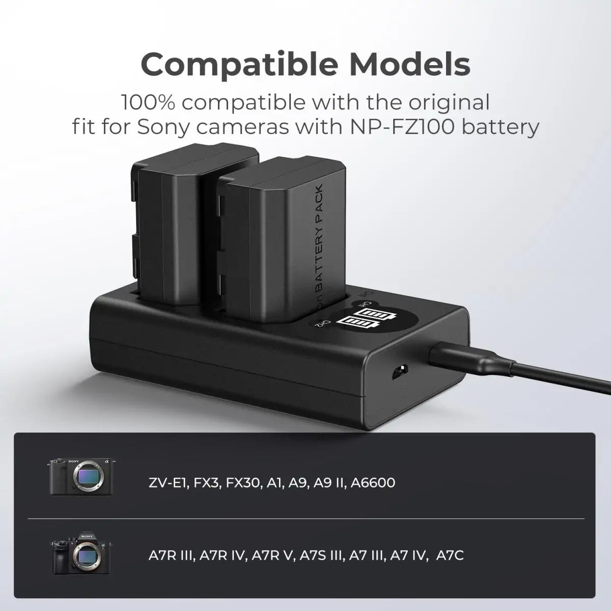 K&F Concept NP-FZ100 Battery Charger with LCD Screen for Sony Alpha ZV-E1, FX3, FX30, Alpha A7 iii, A7R III (A7R3), A7R IV, A9, A6600, Alpha A9 II Camera Batteries, Micro USB and Type-C Charger (KF28.0010V1) K&F Concept NP-FZ100 Battery Charger with LCD Screen for Sony Alpha ZV-E1, FX3, FX30, Alpha A7 iii, A7R III (A7R3), A7R IV, A9, A6600, Alpha A9 II Camera Batteries, Micro USB and Type-C Charger (KF28.0010V1)